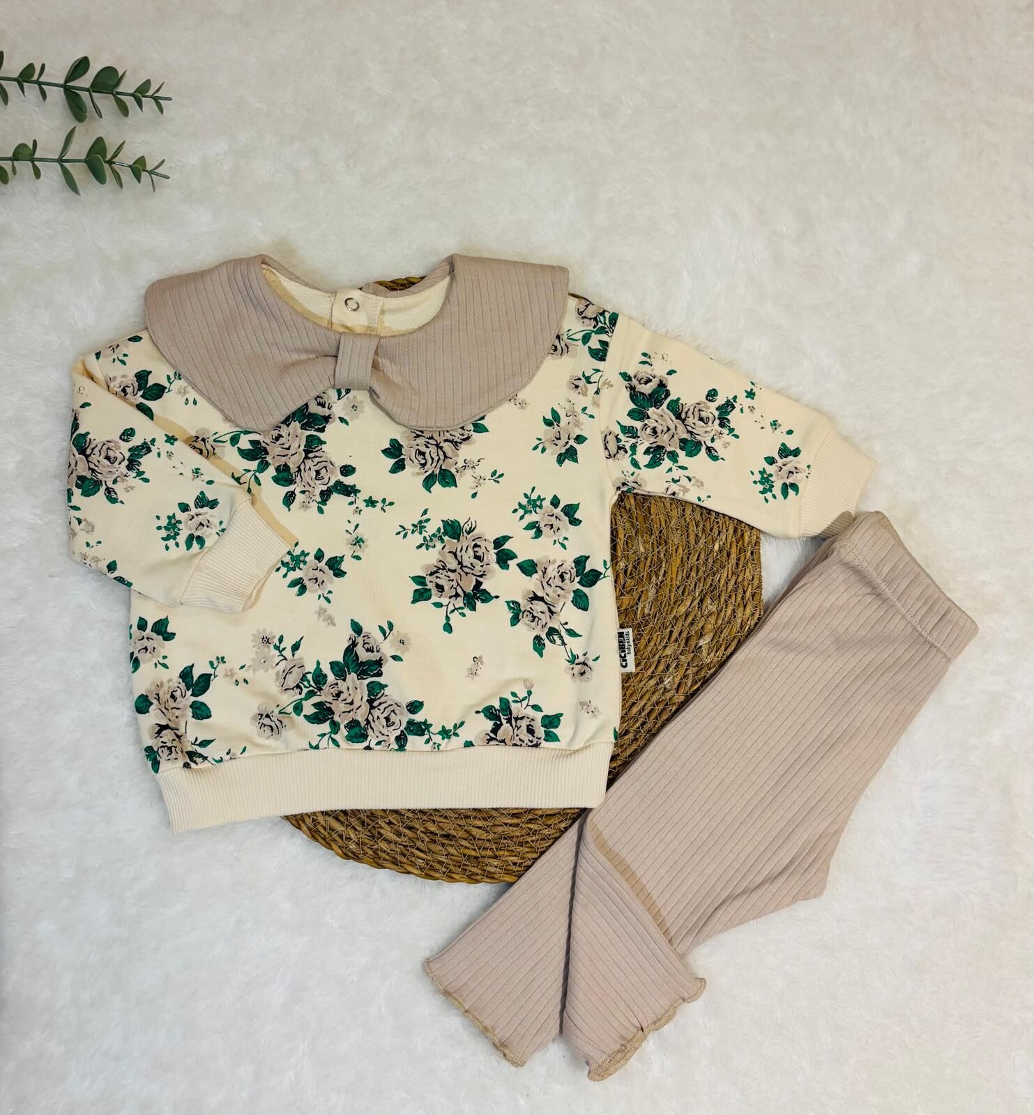 Yaka Detaylı Gül Baskılı 2'Li Takım