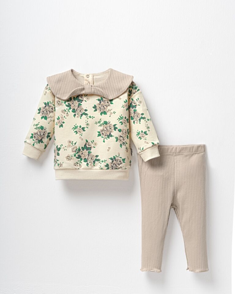 Yaka Detaylı Gül Baskılı 2'Li Takım