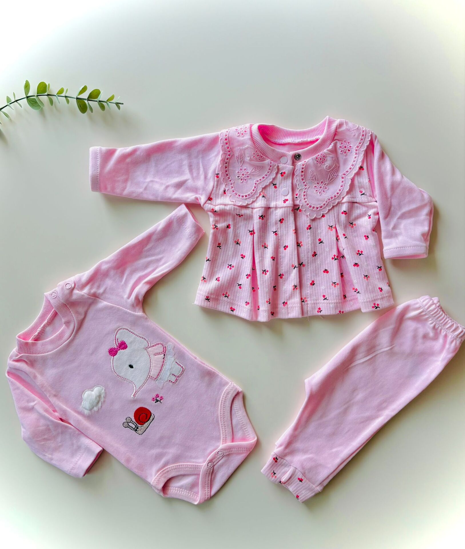 Çiçekli Yaka Detaylı 3'Lü Takım