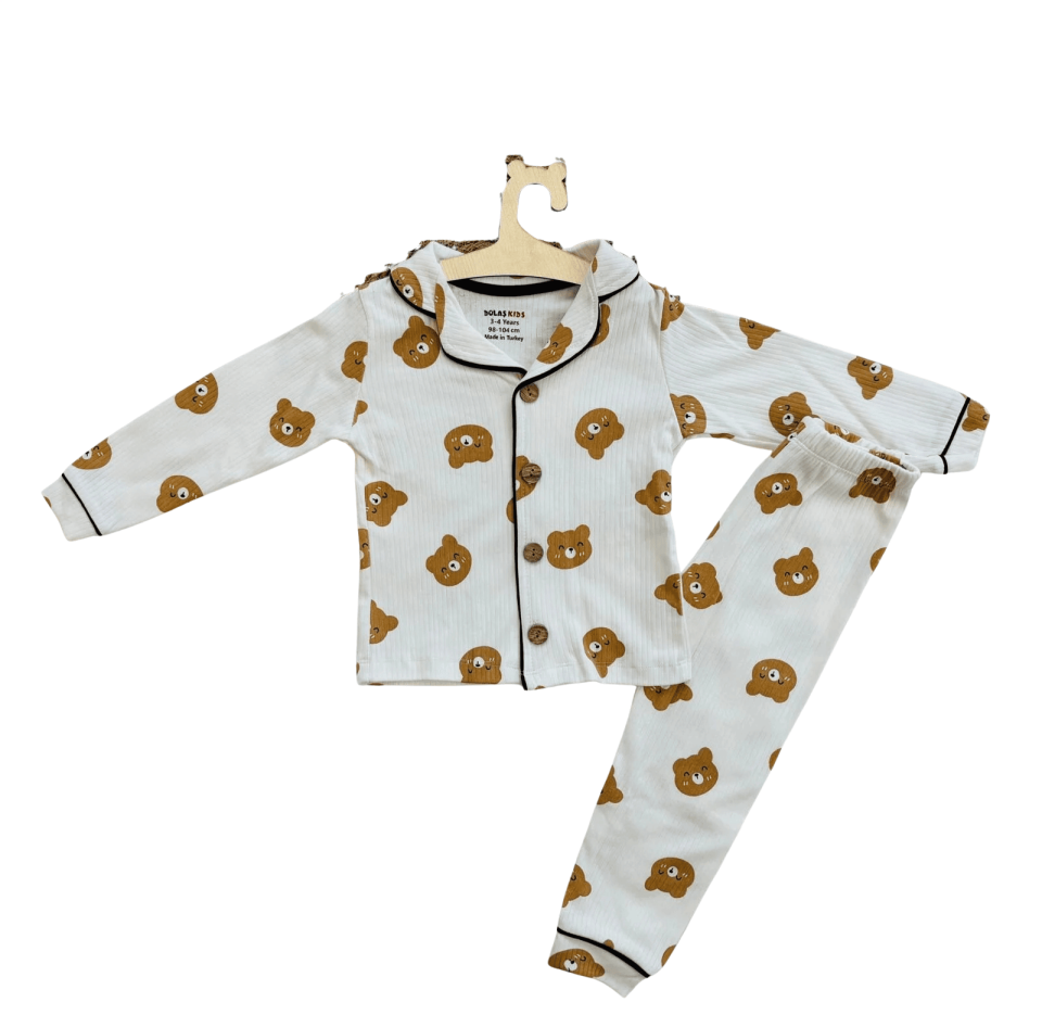 Çocuk Ayıcık Desenli Düğmeli  Kollu 2’li Pijama Takımı
