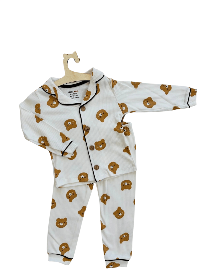 Çocuk Ayıcık Desenli Düğmeli  Kollu 2’li Pijama Takımı