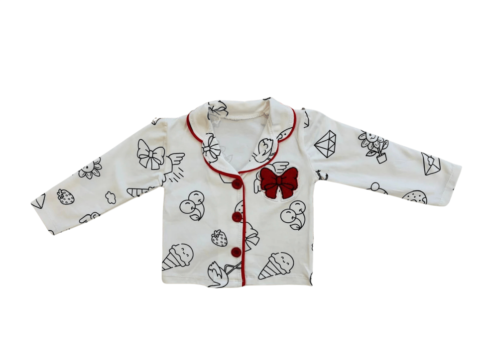 Kız Çocuk Fiyonk Desenli Düğmeli  Kollu 2’li Pijama Takımı