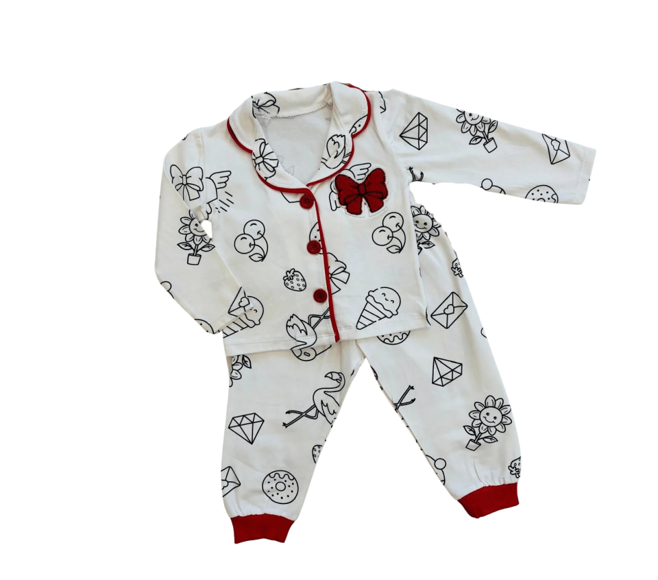 Kız Çocuk Fiyonk Desenli Düğmeli  Kollu 2’li Pijama Takımı