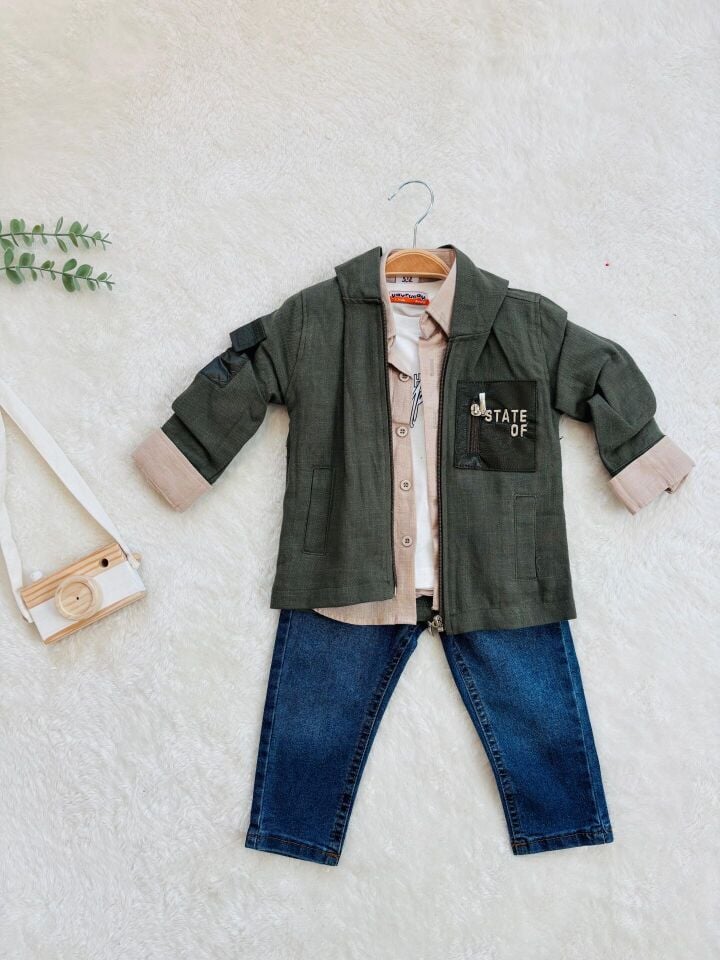 Erkek Çocuk Cep Detaylı Haki Ceketli 4 lü Kombin Takım