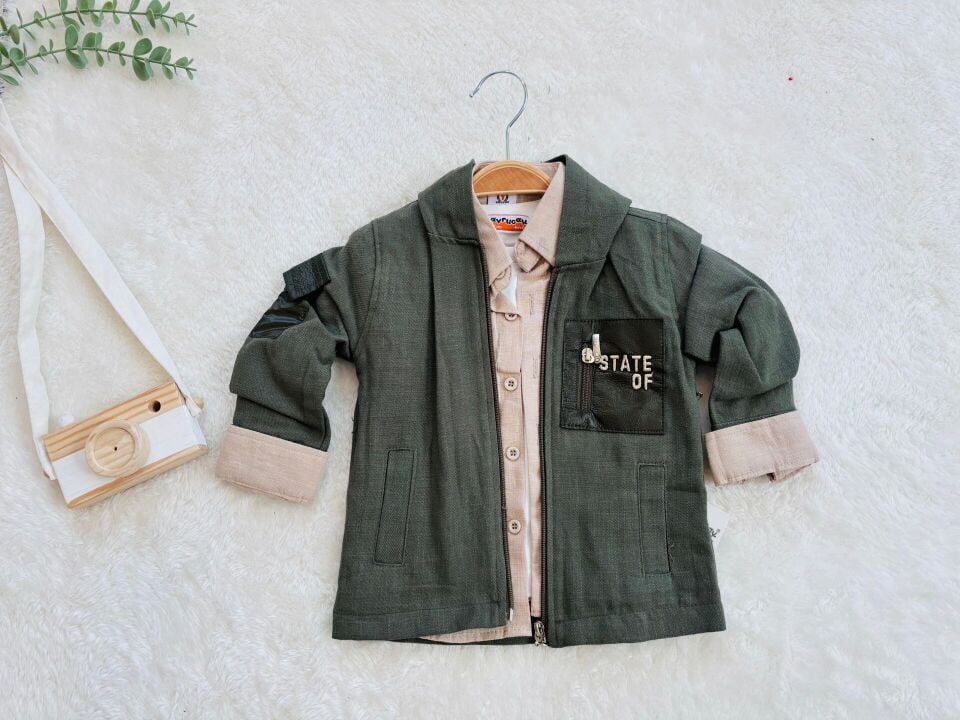 Erkek Çocuk Cep Detaylı Haki Ceketli 4 lü Kombin Takım