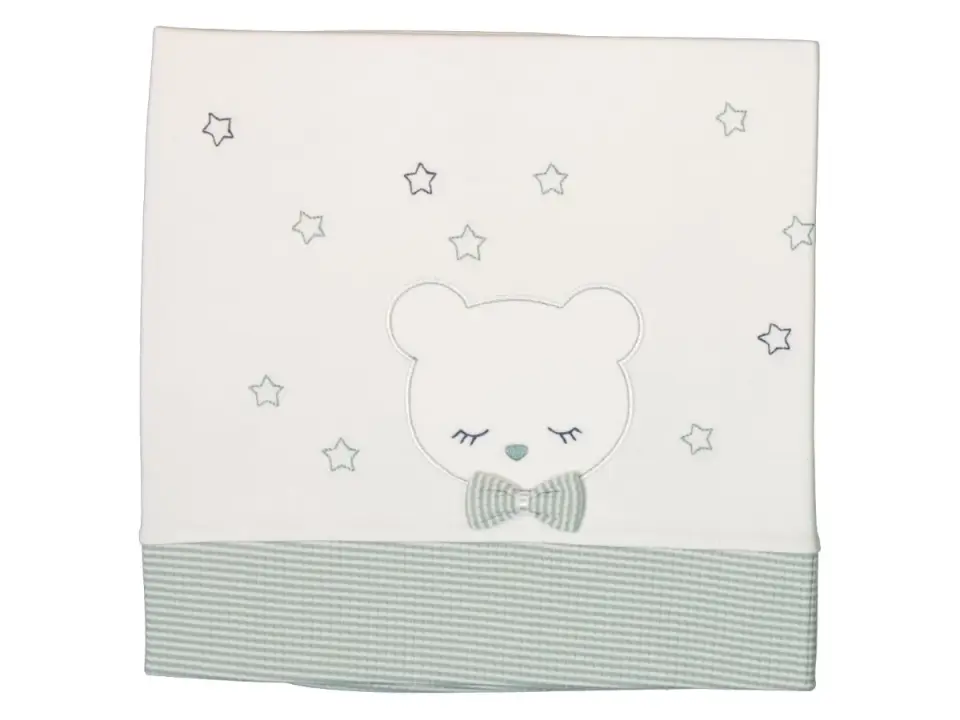 Uyuyan Ayıcık Nakışlı Yeşil Çizgili  Bebek Battaniyesi