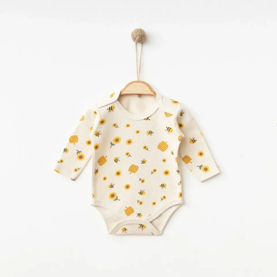 Arı ve Çiçek Desenli Uzun Kol Çıtçıtlı Bebek Body