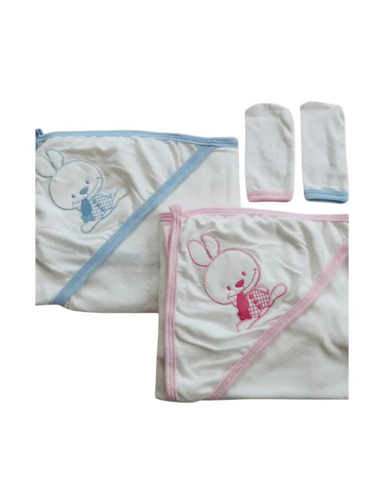 Tavşan Nakışlı Kapüşonlu Bebek Havlu Seti