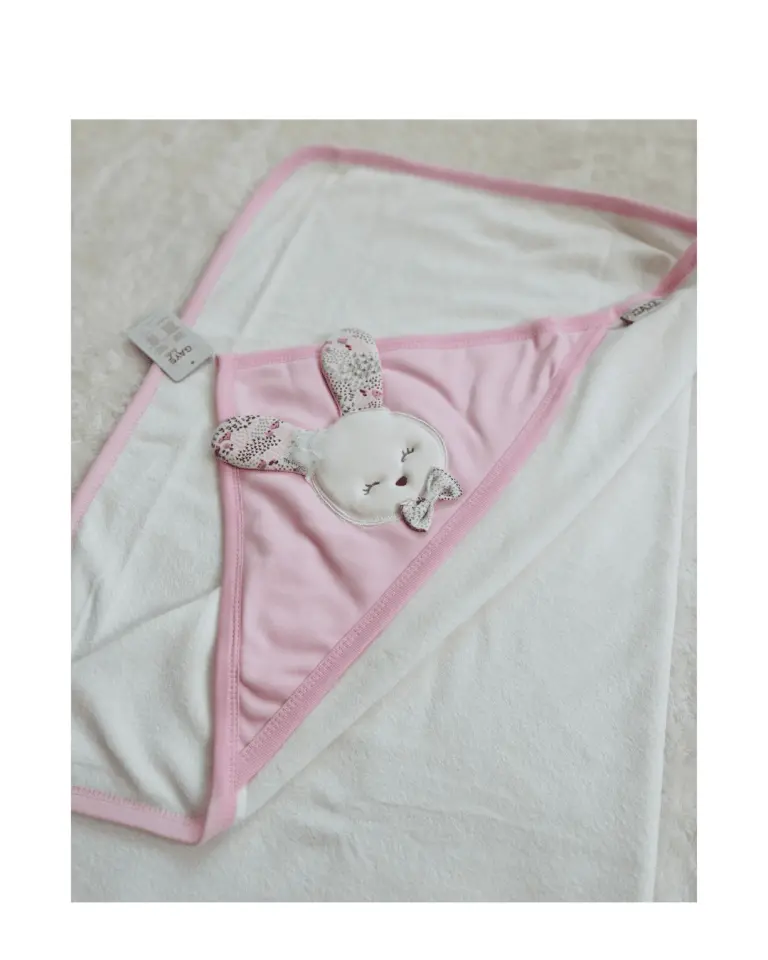 Pembe Tavşan Nakışlı Kapüşonlu Bebek Battaniyesi