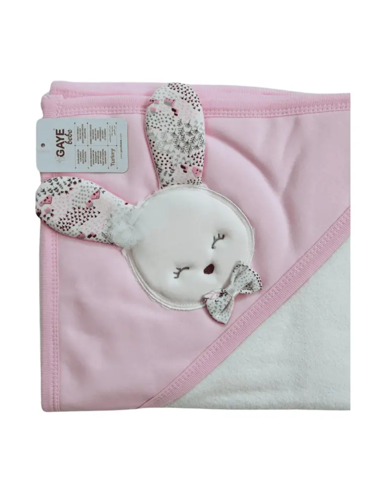 Pembe Tavşan Nakışlı Kapüşonlu Bebek Battaniyesi