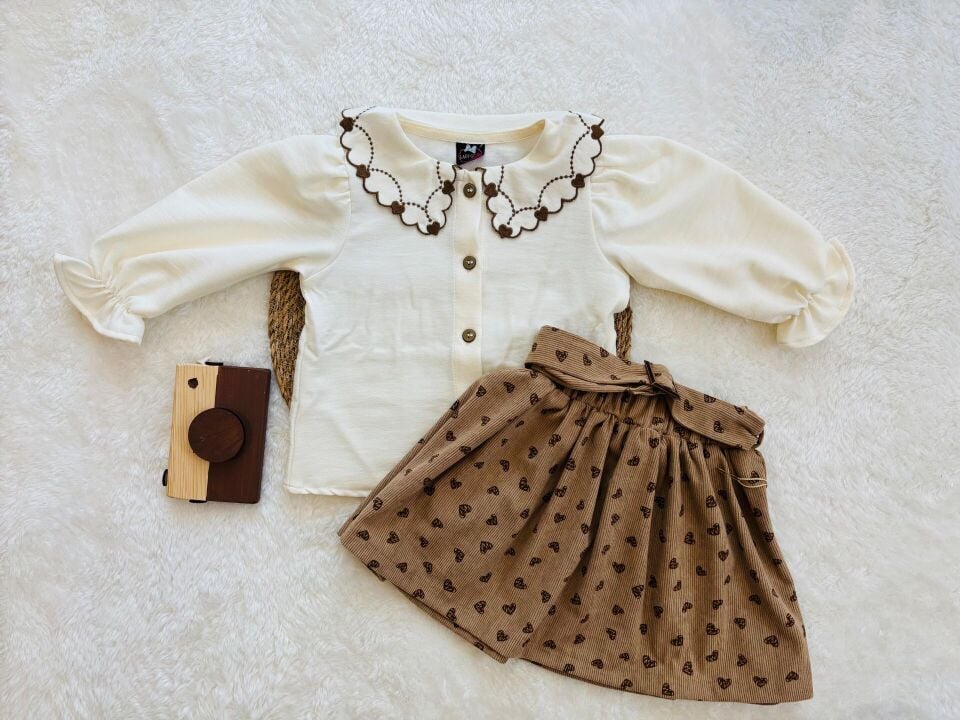 Nakışlı Yakalı Uzun Kollu Kız Çocuk 2’li Etekli Takım