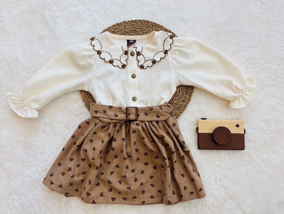 Nakışlı Yakalı Uzun Kollu Kız Çocuk 2’li Etekli Takım