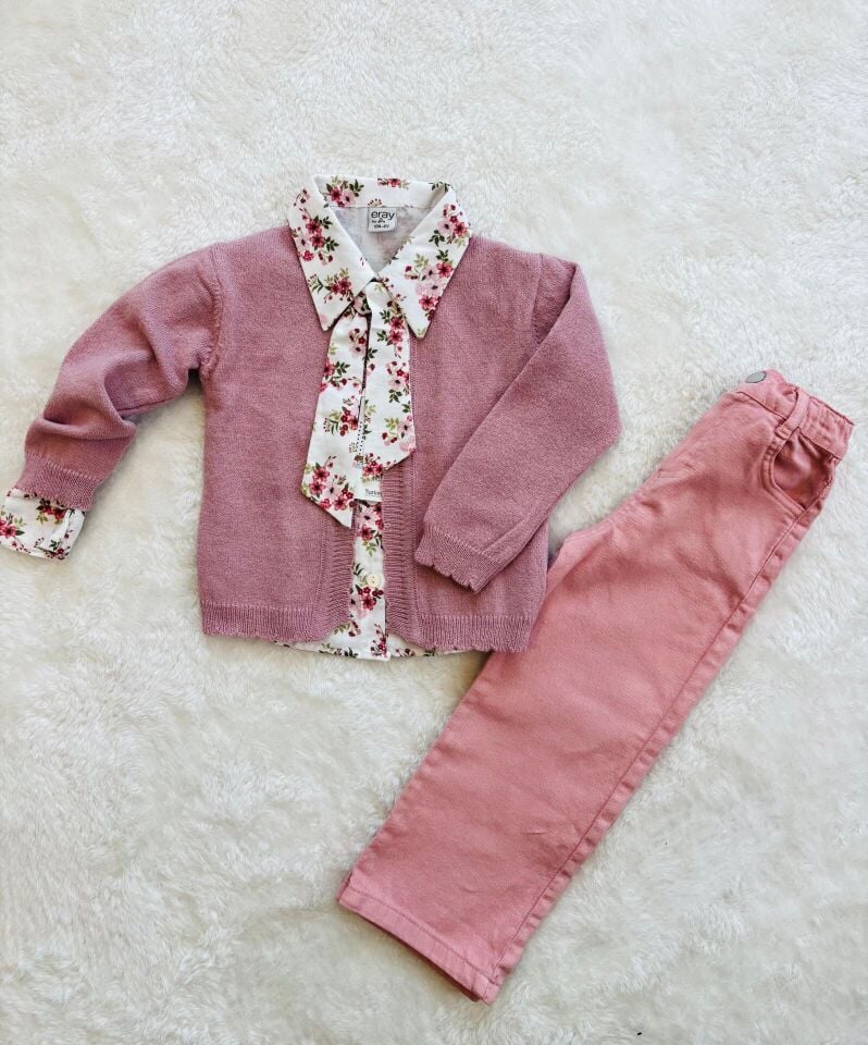 Çiçek Desenli Gömlekli Kız Çocuk 3’lü Takım
