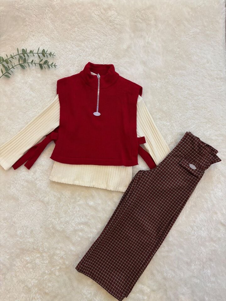 Triko Yelekli Kız Çocuk 3’lü Takım – Fermuarlı Kırmızı Yelek