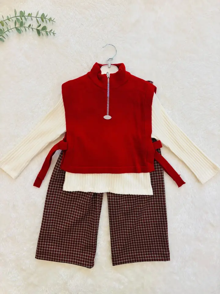 Triko Yelekli Kız Çocuk 3’lü Takım – Fermuarlı Kırmızı Yelek