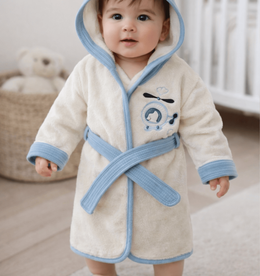 Mavi Helikopter Desenli Kapüşonlu Bornoz Seti